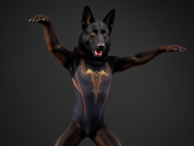 Anthropomorphic black German shepherd wearing a detailed gymnastics leotard, dynamic pose, high detail, vibrant colors, realistic fur texture
