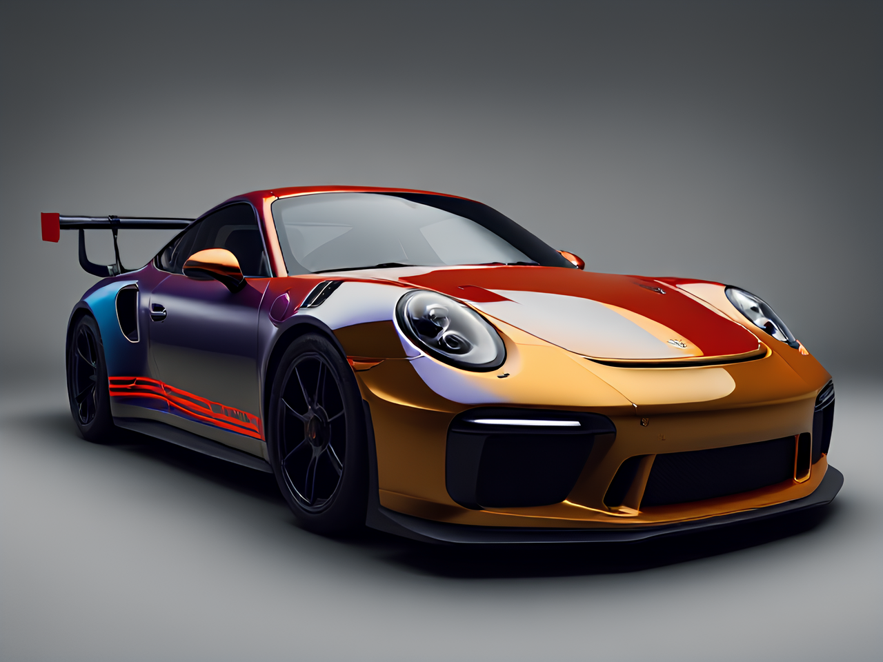 Cool Porsche 911 in dynamic racing style, sleek design, vibrant colors, detailed reflections, aerodynamic shape, high-performance tires