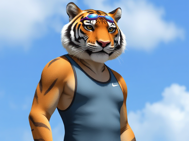 A tall anthropomorphic tiger with a long torso, wearing a high cut Nike one piece swimsuit and swimming goggles