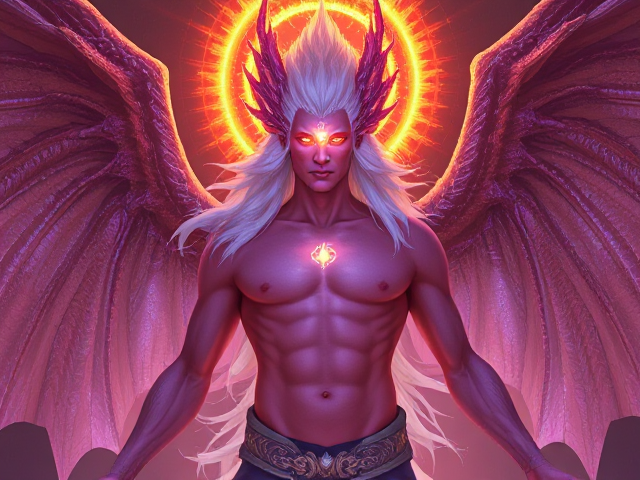 Divinité majestueuse et puissante, silhouette élancée et imposante, visage divin avec une tête noble, cheveux longs et blancs flottant gracieusement, torse musclé et découvert montrant force et élégance, ailes de dragon translucides déployées avec des reflets argentés éclatants, peau d'un violet-rouge éclatant ajoutant une aura mystique, troisième œil lumineux et mystique sur le front émettant une énergie mystique, halo de sueur enflammé entourant la figure divine, veines visibles soulignant la vitalité, détails raffinés et minutieux capturant la splendeur divine dans toute sa gloire