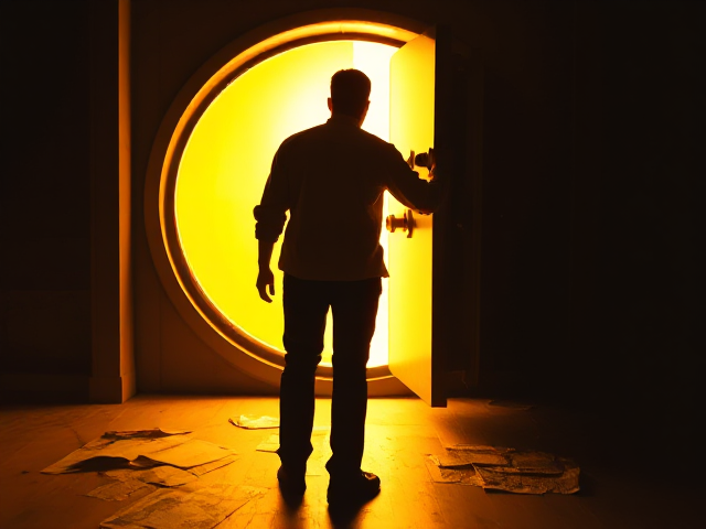 "A person is seen from behind, standing in front of a large, glowing safe or vault door that’s slightly ajar. The light pouring from the crack is bright and golden, but what's inside remains hidden. The viewer can only see the person’s silhouette as they hesitantly reach for the door, creating suspense. Scattered around the floor are mysterious, half-revealed items like blueprints or maps, hinting at something valuable or secret inside. The overall color palette is bright but shadowy, adding an element of mystery and intrigue."