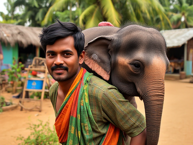 Malayali man lazily carrying a small elephant on his back, in a vibrant Kerala village setting, detailed expressions, colorful attire