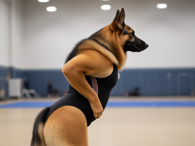 A anthropomorphic German shepherd with large hips wearing a gymnastics leotard in a gymnastics center