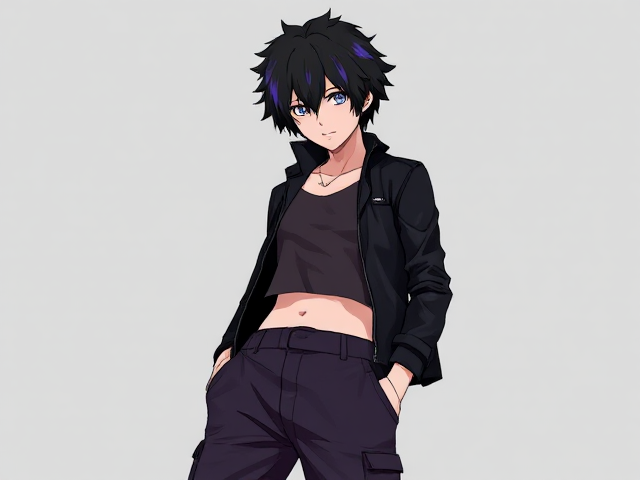 baggy cargo pants, sleeveless crop top vest, leather jacket. black and purple fluffy hair. Nonbinary. Anime. Male.
Oc.