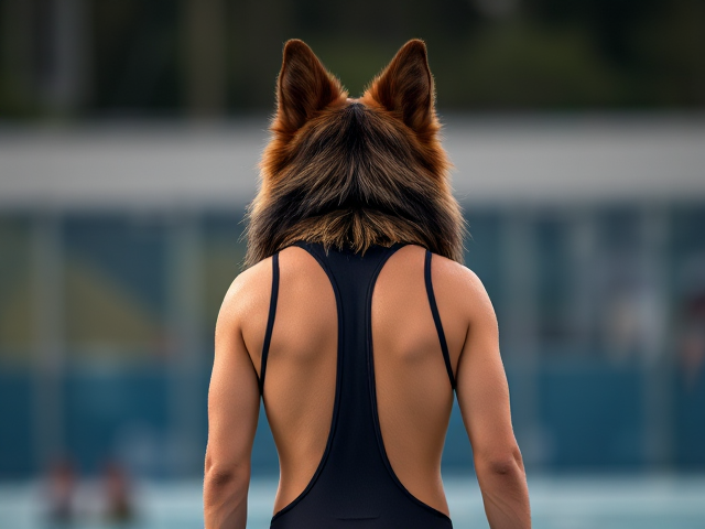 A anthropomorphic long haired German shepherd Olympic water polo player wearing a high cut one piece swimsuit