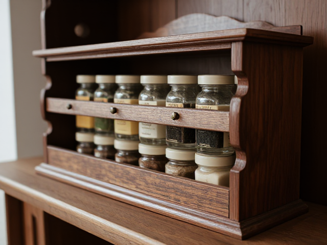 Un meuble en bois originale , présentoir à épices.