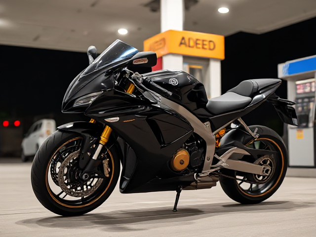 Black sports motorcycle, gold engine at a gas station