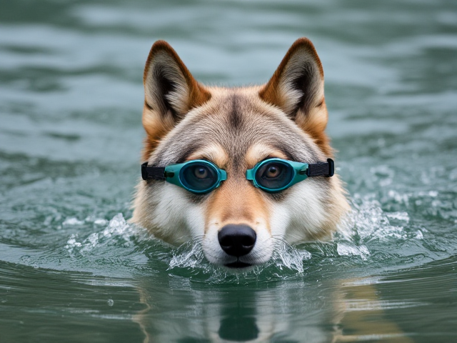 A Wolf swimming wearing swimming goggles