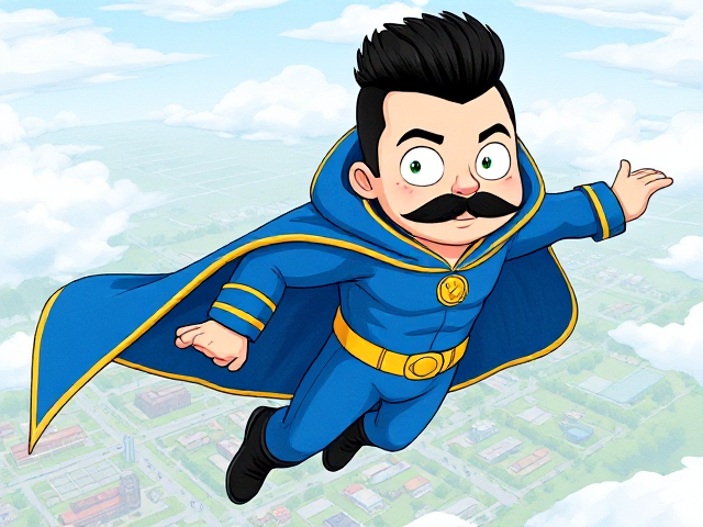 2D Modern Cartoon scene: A preteen 12-year old boy with light skin and freckles on his cheeks named Kyle Lipton, but transformed into a superhero named Dr. Dimensionpants, who, despite still being a kid, has an extremely muscular body. He wears a tight blue hood outlined by a yellow line that covers the back half of his head and leaves his ears exposed, with a smooth, slicked back black mohawk on top. He also wears a sleek blue bodysuit outlined with yellow lines on the cuffs of the sleeves and pants, a golden belt with a circular buckle, black boots, and a really big, heel-length long, ultra-wide blue cape with a really big collar outlined with yellow lines wreathed around his neck held up by a golden button. The pupils in his eyes are green, and he has a long black twin moustache, which help protect his true identity in this form. He also has incredible, invincible, and cosmic superpowers flowing through his veins. He is currently flying through the sky at high speed high above Ganderville, the city he protects, searching for trouble, his cape billowing majestically.