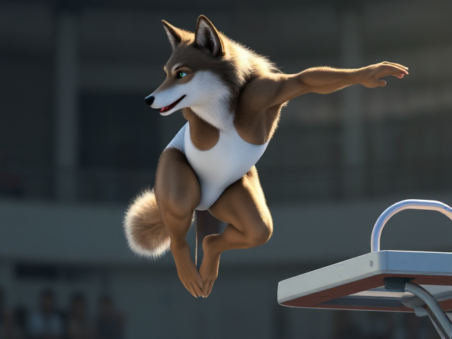 A anthropomorphic wolf Olympic diver wearing a high-cut one piece swimsuit jumping off a springboard