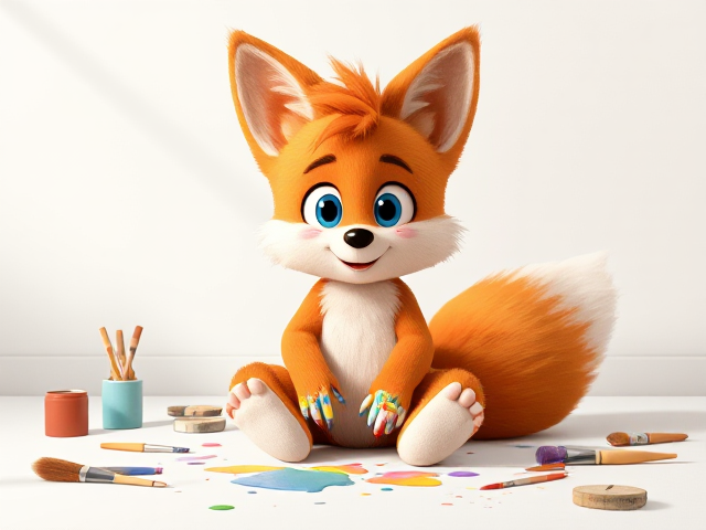 A very cute and young depiction of Miles "Tails" Prower, the Two-Tailed fox, with fluffy fur and a vibrant orange coat, sitting on his butt in a blank white room. Around him are various paint and painting utensils scattered as he playfully attempts to make art with his hands. Tails has different colors of paint splattered over his fur, with colorful smudges on his cheeks and paws. His big blue eyes are filled with joy and excitement as he creates his masterpiece. The room has a soft shadow effect to give depth to the scene