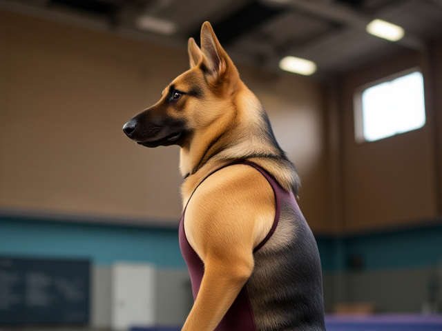 A anthropomorphic German shepherd wearing a gymnastics leotard in a gymnasium
