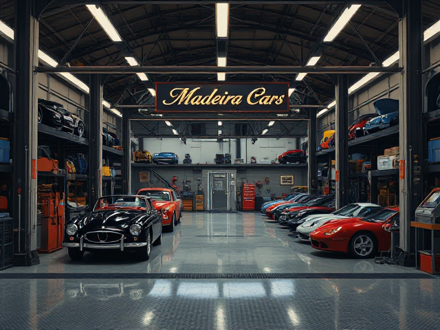 Peut tu faire un grand garage de mécanicien avec le nom du garage : ''Madeira Cars'' , tous ça en image