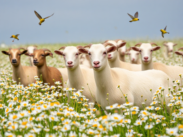 Create an image of a herd of chubby goats in a field of daisies with honeyeater birds flying around