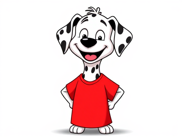 Cartoon dalmatian dog with a joyful expression, wearing a bright red T-shirt, standing confidently, no pants, colorful background