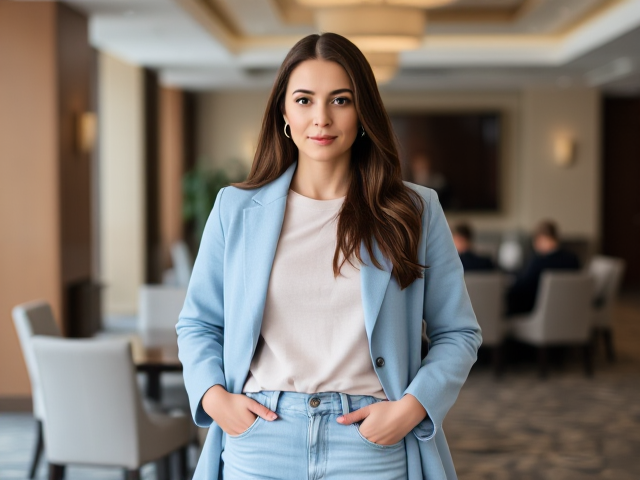 Brunette wearing a light blue coat and light blue jeans in a hotel meeting