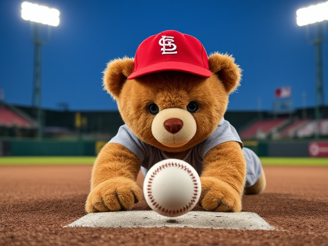 A human teddy bear tan fur blue eyes wearing a cardinals uniform red hat grey jersey grey pants diving for a baseball at shortstop on a minor league stadium