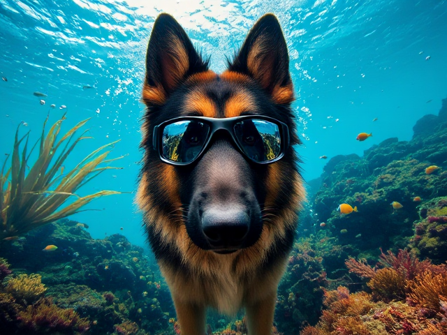 Long-haired German shepherd with intricately detailed fur pattern, showcasing a variety of shades and textures, wearing sleek and modern freediving goggles with mirrored lenses that reflect the vibrant underwater environment, submerged in a dynamic underwater scene teeming with bubbles of various sizes and a rich array of colorful aquatic plants including swaying kelp and diverse coral reefs, all illuminated by mesmerizing shafts of sunlight filtering through the water surface, accompanied by small schools of vividly colored tropical fish swimming gracefully around