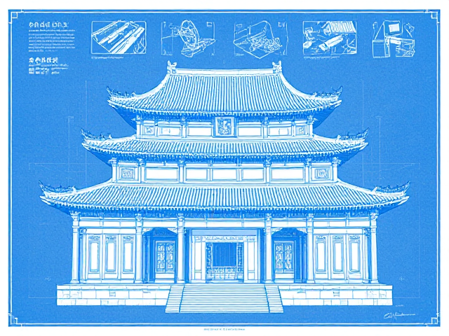 A highly contrasted blueprint of a large Chinese temple, with a front view and top details. The drawing is split in half to reveal the interior, with additional detailed sketches shown above. In blue and white.”