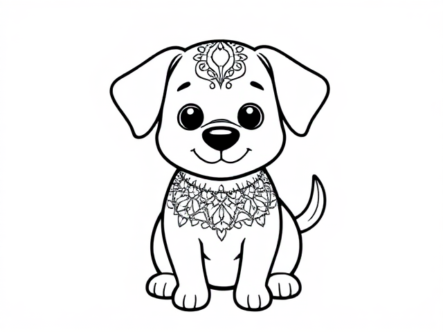 Create a simple black-and-white coloring page featuring a cute little dog designed in a sketch style. The dog should be illustrated as a full-body outline in a mandala style, ensuring it appears playful and approachable for young children aged 2 to 4. Design the dog with basic,friendly features, emphasizing a round body incorporating . Include a friendly expression to enhance its inviting character.