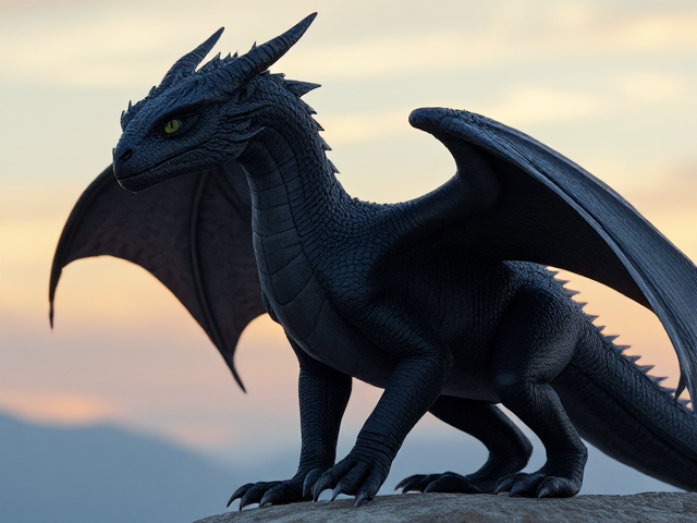 Young Female dragon with dark, midnight blue scales and huge obsidian black wings; obsidian black underbelly and clawed feet. She has small spikes that align from her head horns down to her back jaw. Her eyes are venom green. Narrow, beautiful face and an elegantly long neck. Has small ears like a horse. Powerfully built with taut muscles under her scales. She moves purposefully and proudly; has an expression of maturity and seriousness in her face