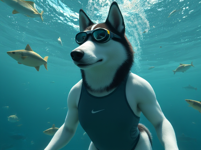 A tall anthropomorphic Siberian husky with a long torso and broad shoulders wearing a high cut Nike one piece swimsuit and Freediving goggles underwater, surrounded by sea life