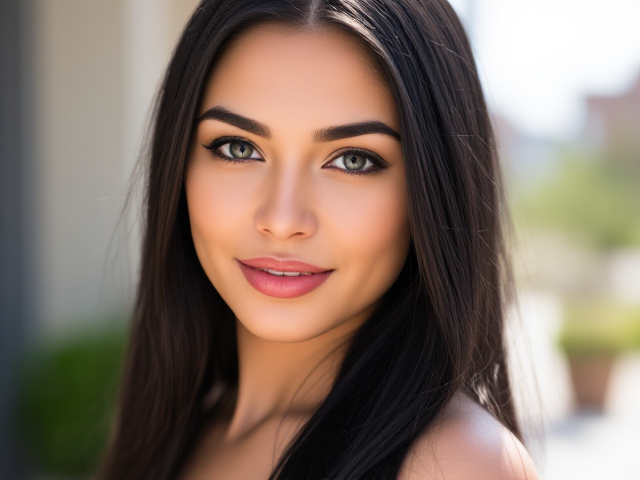 Beautiful Latina woman, captivating grayish-green eyes with a hint of depth and sparkle, long black straight hair cascading down her back like silk, thick and beautifully shaped eyebrows that accentuate her expressive gaze, fair and flawless skin with a porcelain-like texture, rosy cheeks with a healthy glow enhancing her youthful appearance, light pink thin lips forming a gentle and inviting smile, feminine silhouette with big round breasts and small round hips perfectly balanced, dressed in elegant attire that complements her allure, standing in a sunlit setting that highlights her charm and cuteness