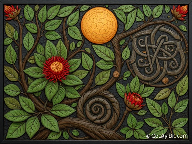 Celtic Maori fusion nature panel featuring new growth,  pohutukawa, koru