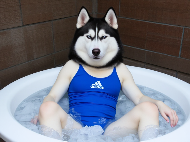 A anthropomorphic Siberian husky wearing a blue adidas swimsuit sitting in a ice bath relaxing her sore muscles