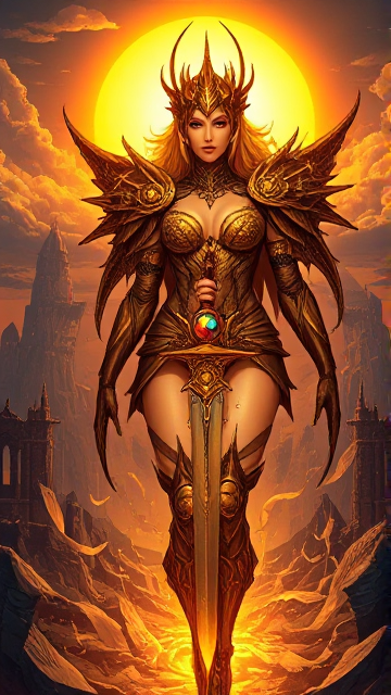 A surreal and sensual scene of destruction and life, with a female figure wearing intricate and glowing armor that seems to be inspired by mythological creatures. She holds a sword with a large gem at its center, and her body is adorned with an ethereal aura. The sun casts its golden light over the scene, creating an atmosphere of both beauty and chaos. The background reveals a fantastical landscape with mysterious ruins, floating islands, and a dreamy sky. The overall feeling of the image is both enchanting and ominous.