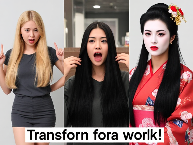 A triptych image with a caption 'Transform for work!' The left panel shows a blonde East Asian high school girl with long hair, standing in a rebellious pose, with an aura of defiance. In the central panel, the same girl is at a hair salon, mouth open in mid-shout, with hair being soaked and dyed black, her face showing shock and dismay. The right panel shows her transformation into a traditional geisha, with styled black hair, white face makeup, red lipstick, and a calm, demure expression, dressed in a kimono. The overall image showcases a drastic change in appearance from rebellious youth to cultural elegance.