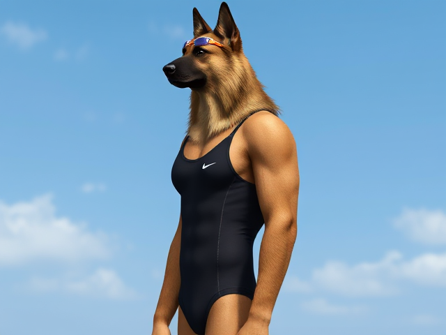 A tall and lean anthropomorphic long haired German shepherd with a long torso and broad shoulders wearing a high cut Nike one piece swimsuit and swimming goggles