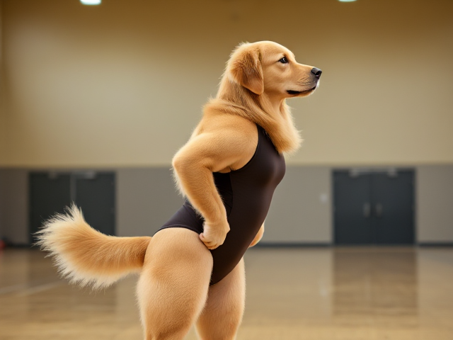 Anthropomorphic golden retriever with large hips, wearing a gymnastics leotard, in a gymnasium setting, detailed and vibrant