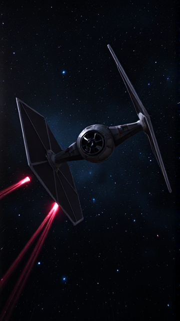 In the Star Wars universe. In Deep Space. A Tie Fighter flies through space shooting its guns