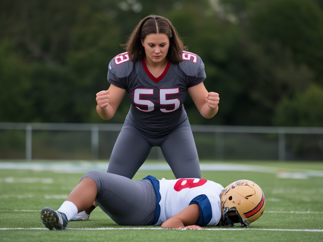 A tough large female with very muscular biceps. She is a college football player playing on the men’s team. She is standing on the field, both fists clinched looking down at the opposing team player, lying unconscious.