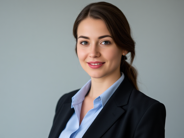 Brunette wearing a light blue blouse and a black suit