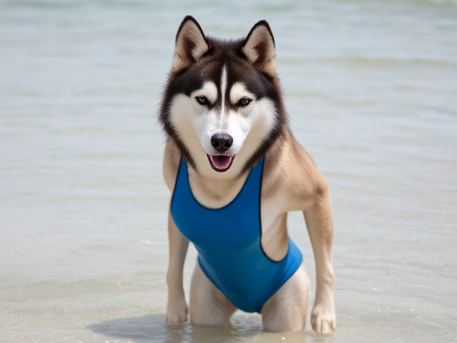 A anthropomorphic Siberian husky high-cut swimsuit