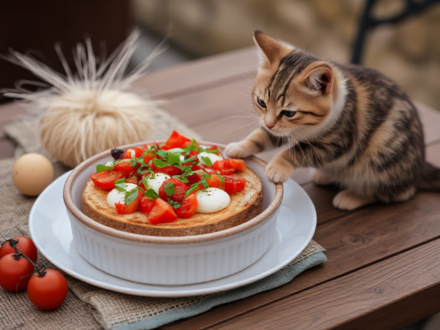 Una bruschetta pomodorro e mozzarella, dans une assiette en céramique andalouse, sur une table, sur une terasse en Sicile. Avec des aiguilles à tricoter à côté et une pelote de laine. Un chaton joue avec la pelote de laine.
