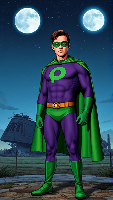 Dramatic Comic Book scene: A young, Autistic 25-year old boy with light skin and flat, smooth, and slick brown hair with a singular curled bang in the shape of a P sticking out at the front named T.J. Granger, but transformed into a genetically-altered superhero named Powerman, who, despite still being a young adult kid, has an extremely muscular body. He wears a sleek purple bodysuit with a green P symbol on his chest, a golden belt with a circular buckle, green briefs, green boots, green long-cuffed gloves, a really big, toe-length long, ultra-wide green cape wreathed around his neck, and a green eye mask that protects his true identity and also causes his pupils to magically disappear as his eyes glow an eerie white. He also has incredible and invincible superpowers flowing through his veins. In this scene, Powerman is currently standing in front of a crashed alien mothership on the outskirts of a farm at night, ready for action as he prepares to take flight for the first time and fulfill his destiny.
