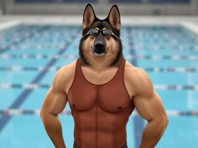 A tall anthropomorphic long-haired German shepherd Olympic swimmer with a long torso and broad shoulders, wearing a racing swimsuit and goggles while standing next to a Olympic-sized pool