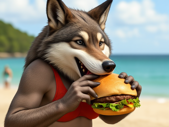 A anthropomorphic wolf wearing a swimsuit eating a Big Mac