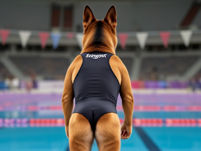A anthropomorphic German shepherd Olympic swimmer wearing a one piece swimsuit standing on the pool deck