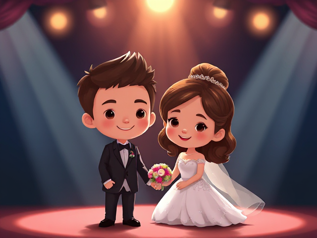 one male and one female cute cartoon characters for a wedding invitation