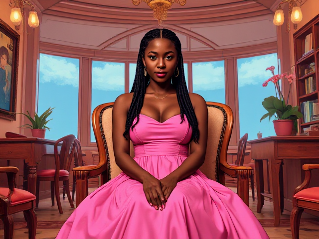jeune femme noire de 19 ans avec des tresses, portant une élégante robe rose, assise gracieusement sur une chaise dans un environnement lumineux et détaillé