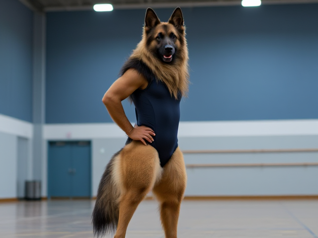 A anthropomorphic long haired German shepherd with large hips stands tall wearing a gymnastics leotard in a gymnasium