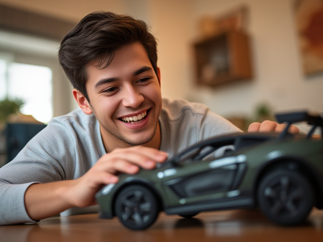 happy adult joyfully playing with a detailed car toy, realistic, high-resolution, warm lighting, indoors