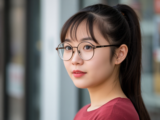 A  Chinese girl with rounded glass that she wears a ponytail