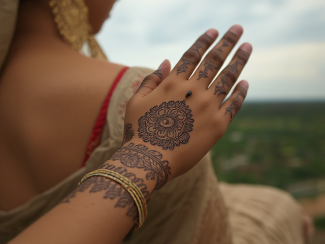 Henna on an Indian woman's hand, background her lap