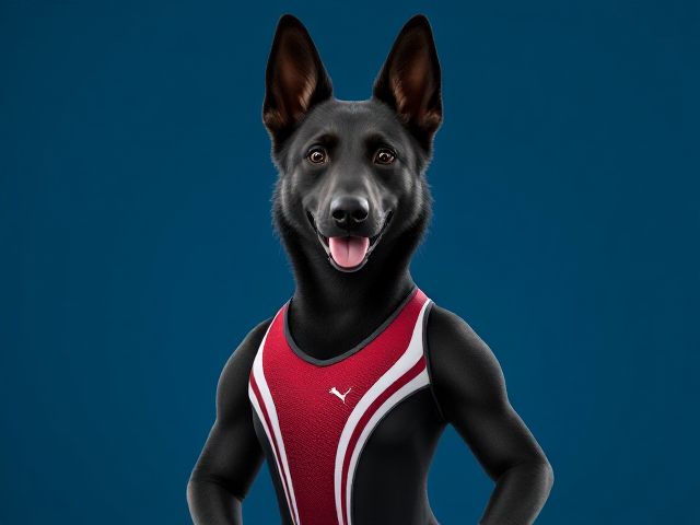 A anthropomorphic black German shepherd Olympic gymnast wearing a leotard