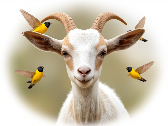Create an image of a baby goat without horns with honeyeater birds flying around it